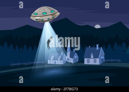 UFO entführt einen Mann, Sommer Nacht Farmlandschaft, im Nachtfeld mit Häusern, Vektor-Hintergrund mit Sternen und Mond am Himmel. Cartoon-Stil Stock Vektor