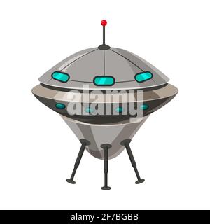 UFO fliegendes Raumschiff isoliert auf weißem Cartoon-Stil. Alien Transport futuristisch. Vektorgrafik, Baner, Poster Stock Vektor