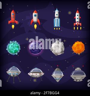 Space Cartoon-Symbole gesetzt. Planeten, Raketen, ufo-Elemente auf kosmischem Hintergrund, Vektor, isoliert, Cartoon-Stil Stock Vektor