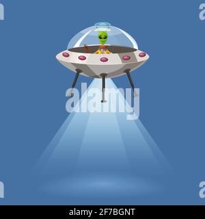 UFO fliegendes Raumschiff mit Alien, isoliert auf blauem Hintergrund, Strahlen Licht, Cartoon-Stil, Vektor-Illustration. Konzept, Vorlage Stock Vektor