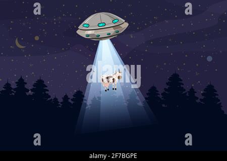 UFO entführt eine Kuh, Sommer Nacht Waldlandschaft, Vektor-Hintergrund mit Sternen und Mond am Himmel. Cartoon-Stil, isoliert Stock Vektor