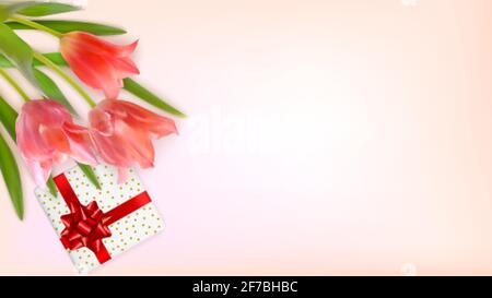 Bouquet von realistischen Tulpen mit Geschenkbox auf einem rosa Hintergrund. Komposition aus rosa Tulpenknospen mit Platz für Text Stock Vektor