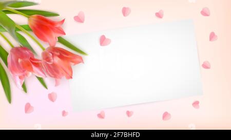 Komposition aus realistischen Tulpen und Papierherzen auf rosa Hintergrund. Bouquet von Tulpen Knospen mit Papierkarte. Vorlage für Einladungskarte, Banner Stock Vektor