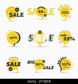 Set von Vektor-runden Tags auf dem Bein für Mega-Big Sale. Temolat der gelben Banner mit Prozentsätzen von Rabatten und Sonderangebote und schwarzem Design li Stock Vektor