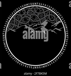 Skandinavisches Wikingerdesign. Skandinavischer Knoten - Arbeitsabbildung und Runen - altnordisches Alphabet Stock Vektor