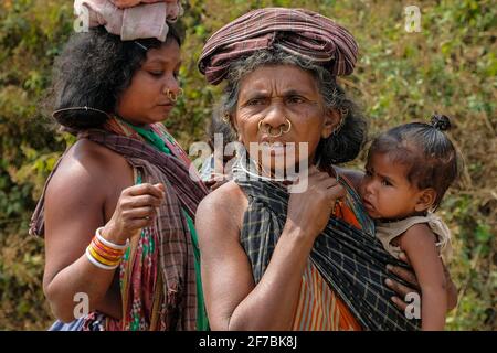 Chatikona, Indien - 2021. Februar: Adivasi-Frauen aus dem Stamm der Dongria Kondh auf dem Chatikona-Markt am 17. Februar 2021 in Chatikona, Odisha, Indien. Stockfoto