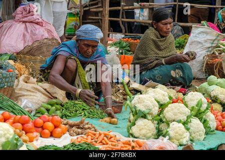 Kunduli, Indien - 2021. Februar: Adivasi-Frauen vom Stamm Desia Kondh verkaufen Gemüse auf dem Kunduli-Markt am 19. Februar 2021 in Odisha. Stockfoto