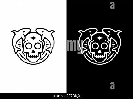 Totenkopf und Hai Linie Kunst Illustration Tattoo Design Stock Vektor