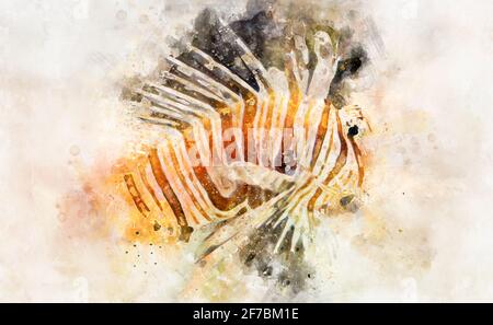 Aquarell, Pterois antennata, Löwenfische im Inneren des Meeres neben einem Korallenriff, gefährliche Fische Stockfoto
