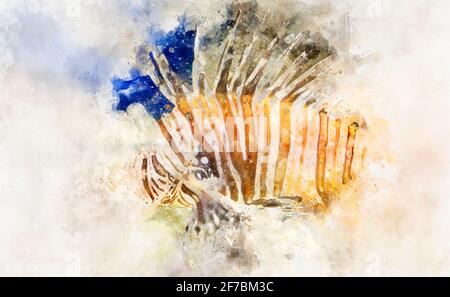 Aquarell, Pterois antennata, Löwenfische im Inneren des Meeres neben einem Korallenriff, gefährliche Fische Stockfoto