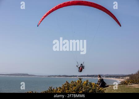 Paragleiter fliegen an einem windigen Tag entlang der Südwestküste der englischen Riviera, Dorset, England, Großbritannien, über den Strand von Highcliffe. Stockfoto