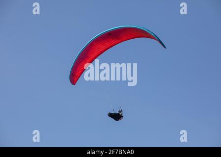 Paragleiter fliegen an einem windigen Tag entlang der Südwestküste der englischen Riviera, Dorset, England, Großbritannien, über den Strand von Highcliffe. Stockfoto