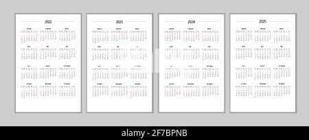 2022 2023 2024 2025 Kalender Set klassisch streng minimalistischen Stil. Minimalismus im Monatskalender hielt das sachliche Design für das vertikale Format von Business-Notebooks zurück. Die Woche beginnt am sonntag Stock Vektor