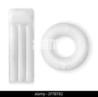 Aufblasbare Wassermatratze und Ring für die Ansicht von oben am Pool, Gummi-Accessoires-Modell, leeres Bett zum Schwimmen und sommerliche Strandaktivitäten isoliert auf weißem Hintergrund, realistische 3d-Vektordarstellung Stock Vektor