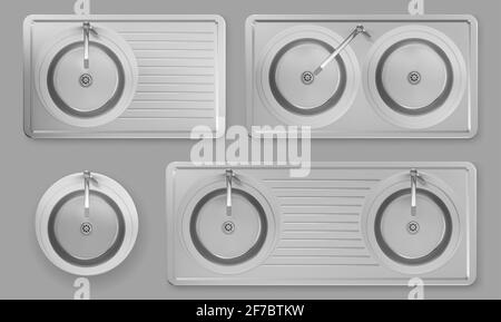 Edelstahlwaschbecken mit Wasserhähnen in der Draufsicht. Vector realistisches Set von leeren runden Stahl-Waschschüsseln mit Wasserhähnen, Abfluss und Utensil-Abtropffläche. 3d-Doppelwaschbecken aus Metall isoliert auf grauem Hintergrund Stock Vektor