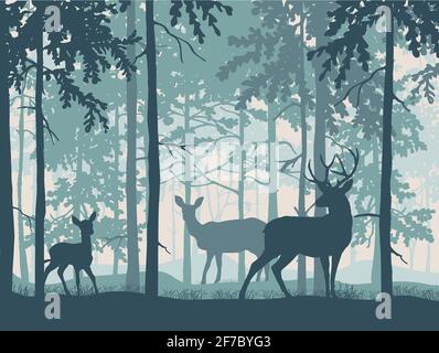 Hirsch mit Rehe und Rehkitz in einem magischen Nebelwald. Eichhörnchen auf Ast. Silhouetten von Bäumen und Tieren. Blauer Hintergrund, Abbildung. Stockfoto