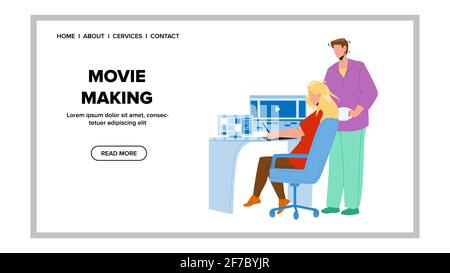 Film Machen Editor Team Paar Auf Computer Vector Stock Vektor