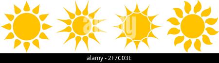 Satz von Sonnen- oder Sonnenvektorsymbolen auf einem weißen, isolierten Hintergrund. Abbildung: Strom- oder Energiesparmodus. Stock Vektor
