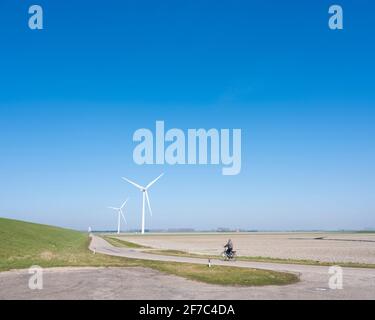 Mann auf Fahrrad und Windkraftanlagen in der ländlichen Landschaft von schouwen duiveland in der niederländischen Provinz zeeland Stockfoto