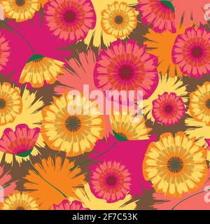 Nahtloses Vektor-Muster mit Sommerblumen. Krawatte Farbstoff Hintergrund mit rosa und gelben Blüten. Künstlerische Tapetengestaltung mit Gänseblümchen. Stock Vektor
