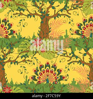 Nahtloses Vektor-Muster mit Pfau Wald auf gelbem Hintergrund. Fantasy Tapetendesign mit Bäumen und Vögeln. Romantische Landschafts-Mode-Qualität. Stock Vektor