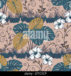 Nahtloses Vektor-Muster mit tropischen Pflanzen auf rosa Hintergrund. Florales Tapetendesign mit weißen Blüten. Botanische Landschaft Mode Textil. Stock Vektor