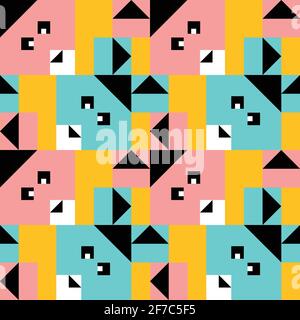 Nahtloses Vektormuster mit geometrischem Hase auf gelbem Hintergrund. Niedliches Baby Kaninchen Tapetendesign für Kinder. Quadratische Tier Mode Textil. Stock Vektor