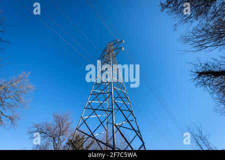 Fotografie eines Hochspannungsturms, einer Stromleitung mit Elektrokabeln und Isolatoren vor einem klaren blauen Himmel und Bäumen. Stockfoto