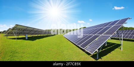 Solarzellen auf der Wiese mit sonnigem Himmel. Nachhaltige Ressourcen. Stockfoto