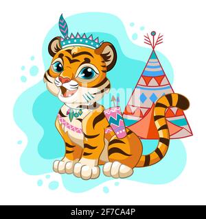 Niedliche Cartoon kleine Tribal Tiger mit Tipi. Zeichentrickfigur. Vektor-isolierte Illustration. Für Postkarte, Plakate, Kinderzimmer-Design, Grußkarte, st Stock Vektor