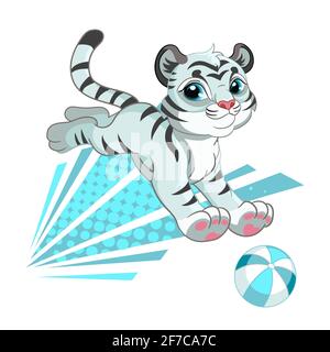 Niedlicher weißer Tiger mit Ball. Zeichentrickfigur. Vektor isoliert bunte Illustration. Für Druck und Design, Poster, Kinderzimmer-Design, Karten, Aufkleber, ro Stock Vektor