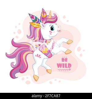 Niedliche Cartoon kleine niedliche Einhorn. Sei wild. Zeichentrickfigur. Vektor-isolierte Illustration. Für Postkarte, Poster, Design, Grußkarte, Aufkleber, ro Stock Vektor