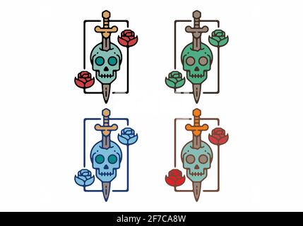 Vintage-Illustration von Totenkopf und Schwert mit Rosenmuster Stock Vektor