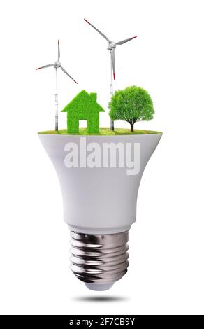Eco-LED-Glühlampe auf weißem Hintergrund isoliert. Konzept der grünen Energie. Stockfoto