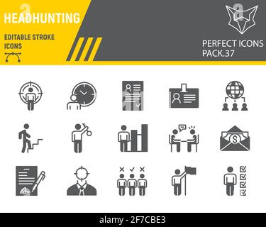 Headhunting Glyphen Icon Set, Headhunting Collection, Vektorgrafiken, Logo-Illustrationen, Rekrutierungsvektor-Icons, Personenzeichen, solide Piktogramme Stock Vektor