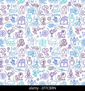 Ein nahtloses Muster aus Robotik-Ikonen, Computern, Androiden und künstlicher Intelligenz. Stock Vektor