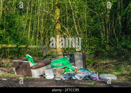 Illegal Fly kippte Müll in einem bewaldeten Gebiet. Stockfoto