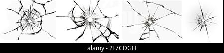 Satz von Illustrationen von gebrochenem Glas, Risse am Fenster, ein Loch aus beschädigtem Glas. Stockfoto