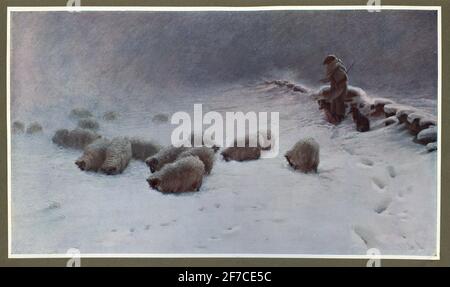 Der freudlose Wintertag, nach Joseph Farquharson. Shepherd, der sich während des Schneesturms um Schafherde hütet Stockfoto