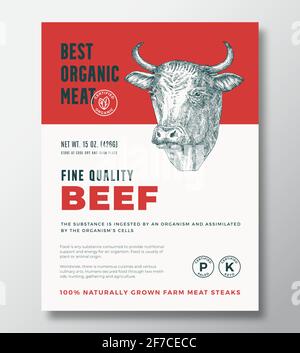 Best Organic Meat Abstract Vector Packaging Design oder Label Template. Banner Mit Rindersteaks Aus Eigener Landwirtschaft. Moderne Typografie und handgezeichneter Kuhkopf Stock Vektor