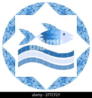 Mosaikfisch im Kreisrahmen. Vektor-Illustration für Schwimmbad oder Bad-Design. Bild für Emblem. Isoliert auf weißem Hintergrund Stock Vektor