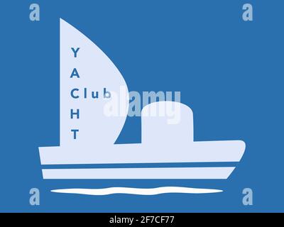 Weiße Yacht auf blauem Hintergrund. Yacht Club-Emblem oder -Symbol. Isolierte Vektorgrafik für die Konstruktion. Stock Vektor