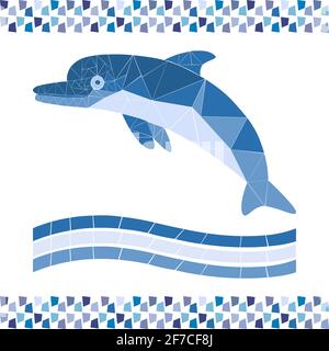 Mosaikblauer Delphin. Monochrome Illustration für Pool- oder Badgestaltung. Bild für Emblem. Isolierter Vektorrahmen Stock Vektor