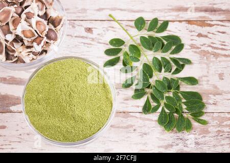 Moringa in Samen, Blättern und Pulver - Moringa oleifera Stockfoto