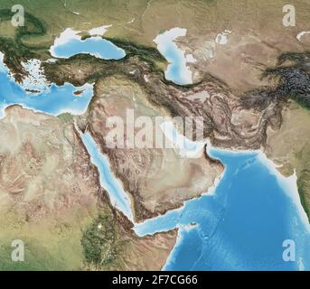 Physische Karte des Nahen Ostens, mit hochauflösenden Details. Abgeflachte Satellitenansicht des Planeten Erde und seiner Geografie- Elemente, die von der NASA eingerichtet wurden Stockfoto