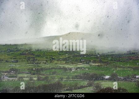 Preston, Lancashire, Großbritannien. April 2021. Schneeschauer über den Lancashire Fells, in der Nähe von Preston, Lancashire. Quelle: John Eveson/Alamy Live News Stockfoto