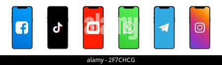 Viber, TikTok, YouTube, WhatsApp, Twitter, Instagram, auf dem iphone 12-Bildschirm. Sammlung beliebter Social-Media-Logos. Vektorgrafik Stock Vektor