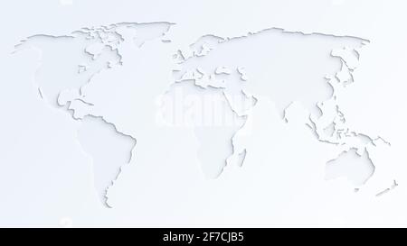 Hellgraue Weltkarte auf fast weißem Hintergrund. Papier ausschneiden Effekt. 4k-Auflösung. Stockfoto