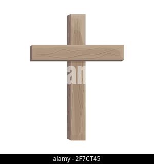 Altes Holzkreuz, katholisches, christliches Symbol, detailliert im Cartoon-Stil isoliert auf weißem Hintergrund. Symbol, Emblem, Religion Element. Vektorgrafik Stock Vektor