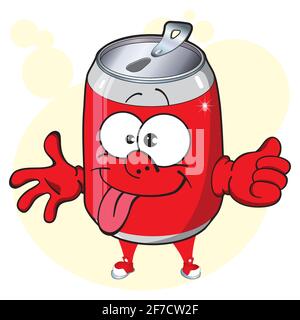 Aluminium kann Cartoon Maskottchen. Bild von lustigen roten Dose mit kohlensäurehaltigen Getränken. Trinken, Limonade, Cola, Bier. Stock Vektor